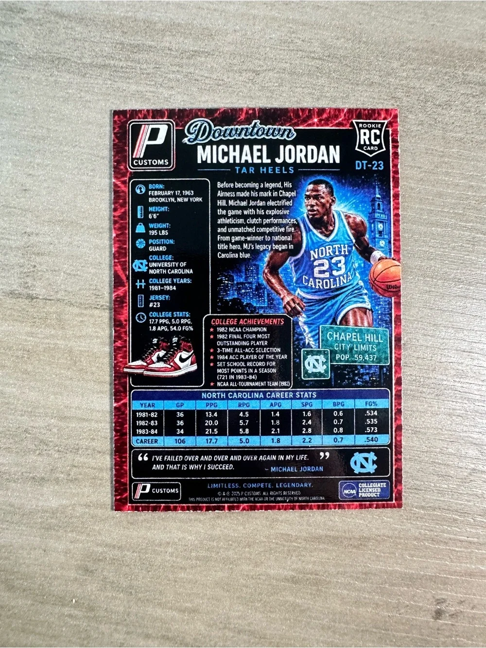 Michael Jordan Rookie Downtown Holo Novelty Card. North Carolina. Chicago Bulls.